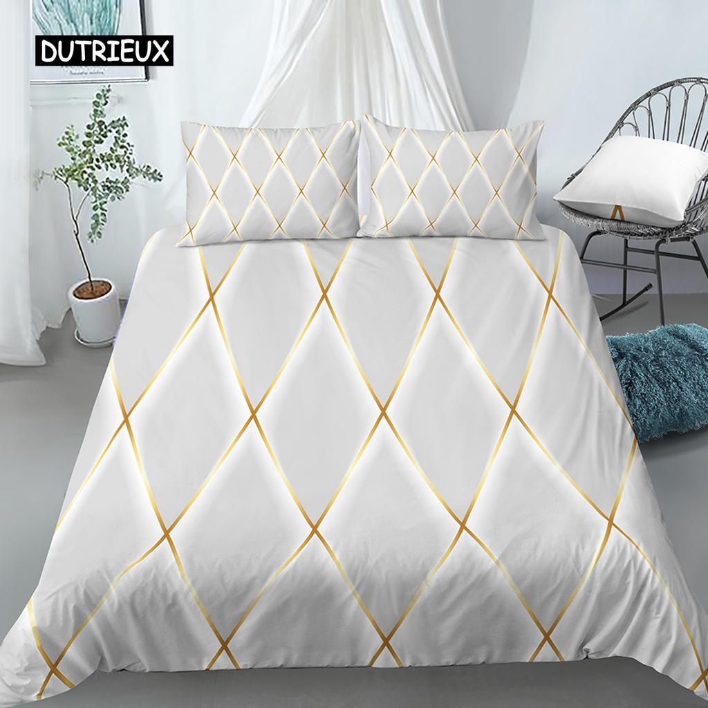 Set Copripiumino Geometrico Misura King Bianco Tonalità Oro Set Biancheria da Letto Bohemien Copripiumino Morbido con Federa Copripiumino Singolo