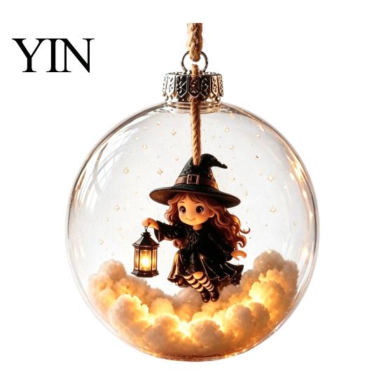 Dormitory Festive Accessory Halloween Glowing Sphere, Lighted Clear Ball Ornament, Cute Witch Seasonal Home Decoration Cat, LED Hanging for