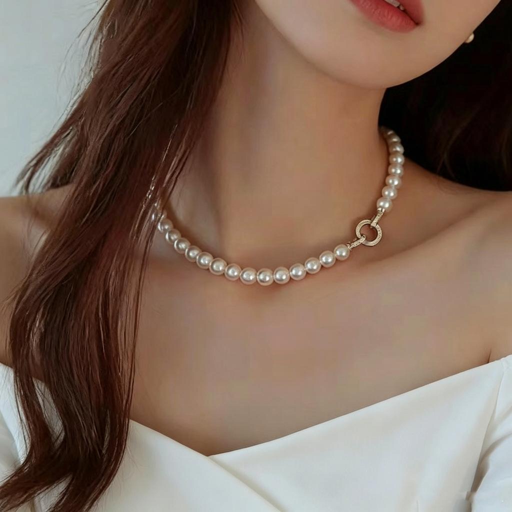 Light‑Luxury French Imitation‑Pearl Women Necklace, High‑Sense Gray‑Tone Niche‑Designed Collarbone‑Chain Sweater‑Chain Neck Accessories