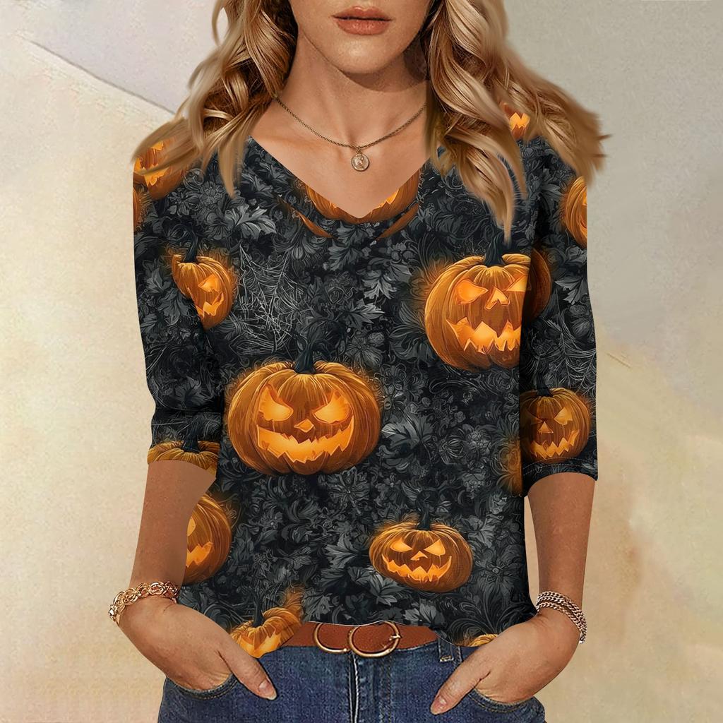 Women's Casual Halloween Print V Neck Top Three Quarter Sleeve Lightweight Blouse for Fall Seasonal Wear