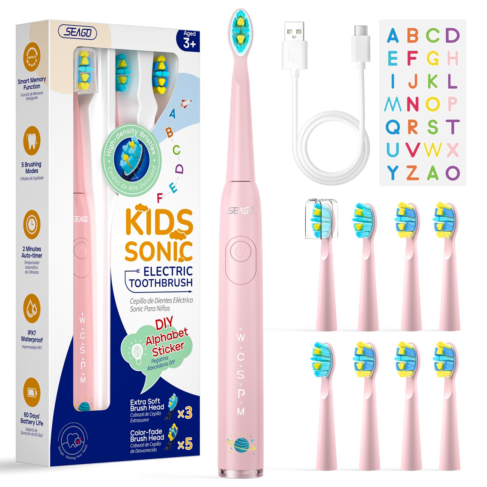 

SEAGO Electric Toothbrush for Sonic 8 Replacement Brush USB Charging 5 Memory IPX7 Suitable for Children Ages 3 and Up Kids, Toothbrush, Heads, розовый