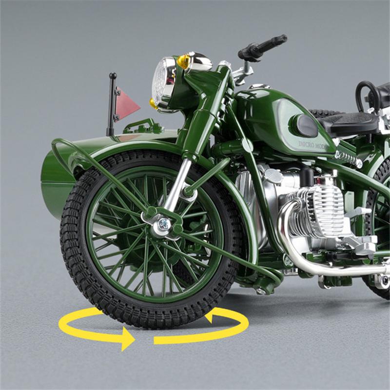 1/10 Legierung Retro Dreirad Beiwagen Motorrad Modell Druckguss Metall Klassisches Militär Motorrad Modell Sound und Licht Kinderspielzeug Geschenk