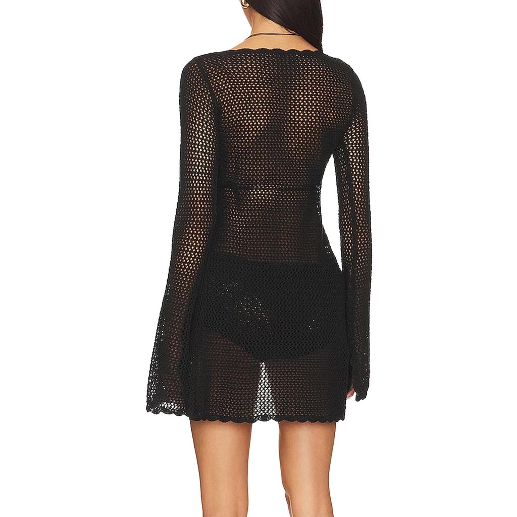 Women Bikini Cover Up Solid Color Cutout Long Sleeve Tie-Up Summer Swimsuit Coverup Crochet Bathing Suit Cover Ups Beach Tops