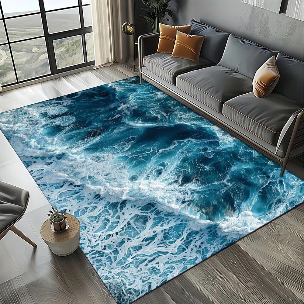 Style New Blue Green Seawater Sea Wave Ocean Carpet Rug for Living Room Bedroom Home Sofa Decoration, Floor Mat