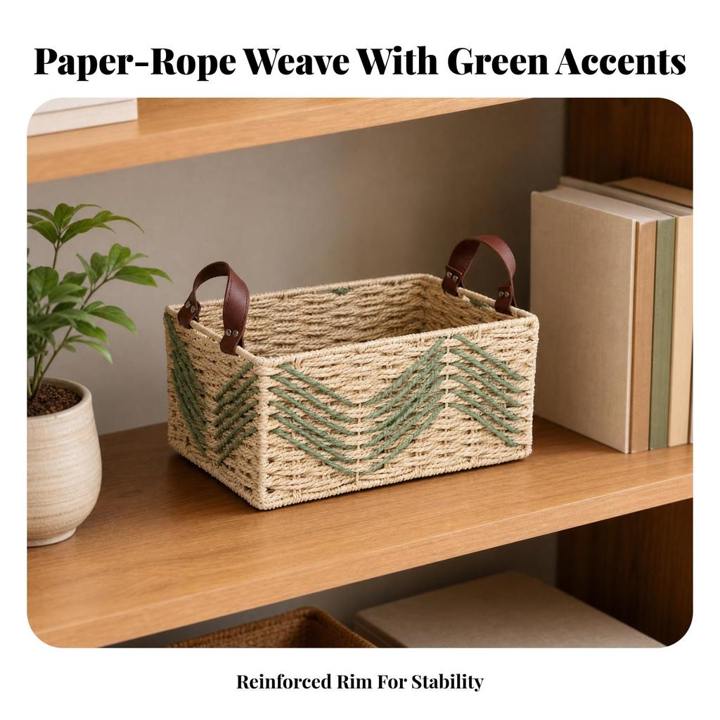 Rectangular Storage Basket with Leather Handles Open-Top Desktop Woven