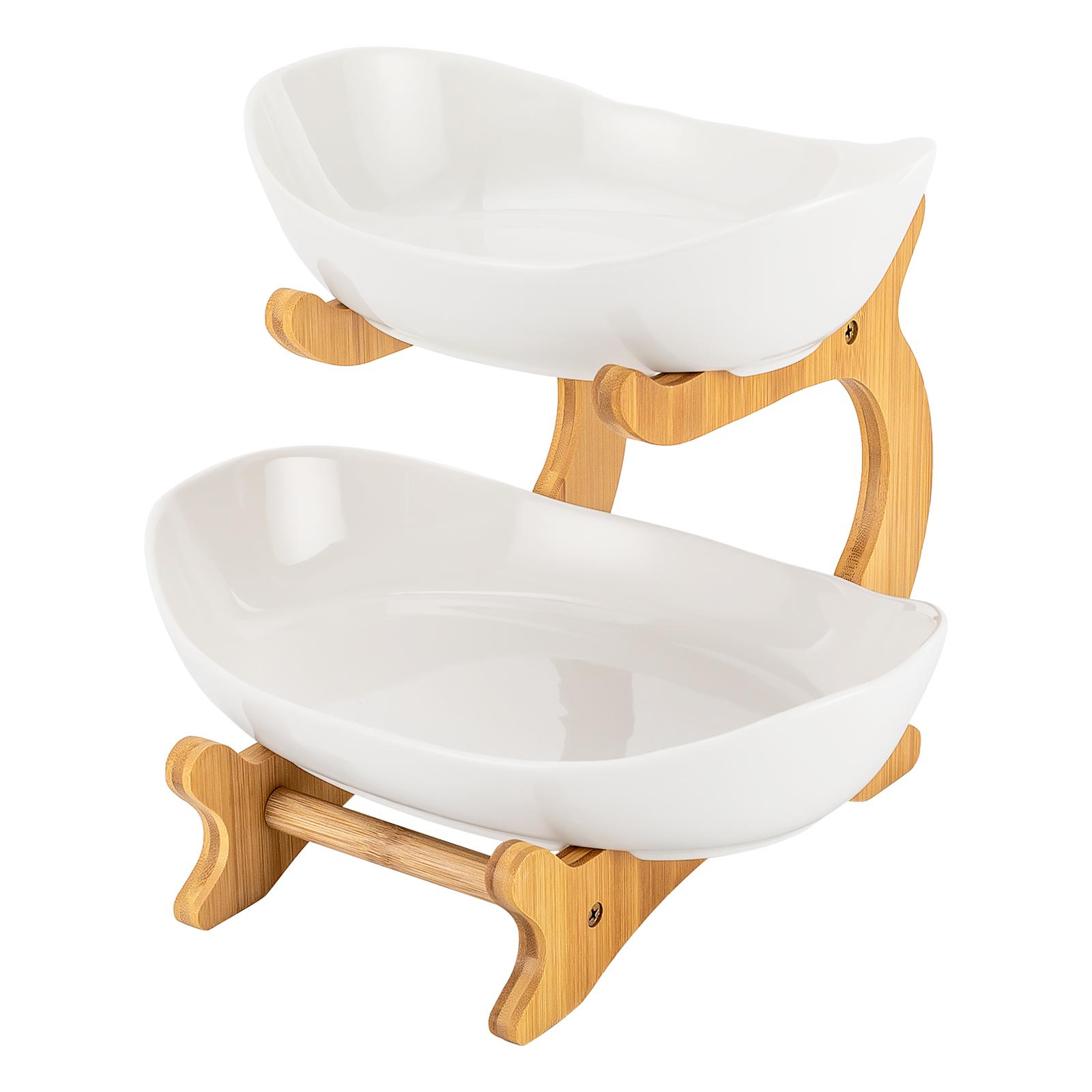 

2 Tier Fruit Basket Ceramic Bamboo, Large Capacity Snack Bowl for Kitchen Dining Table, Party Fruit Stand for Display, White белый