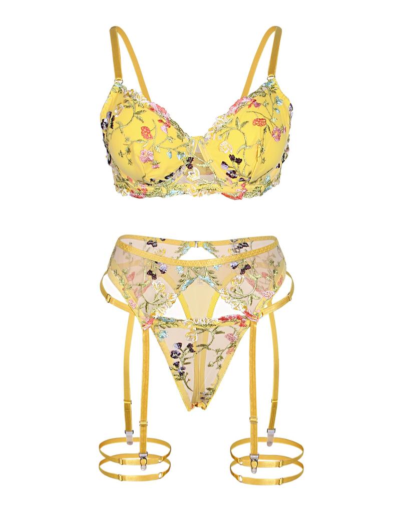 ohyeah Floral Embroidered Bra and Panty Plus Sexy Lingerie with Underwire and Garter Cute Underwear for a Provocative Size M Women's Set, Size, Belt,