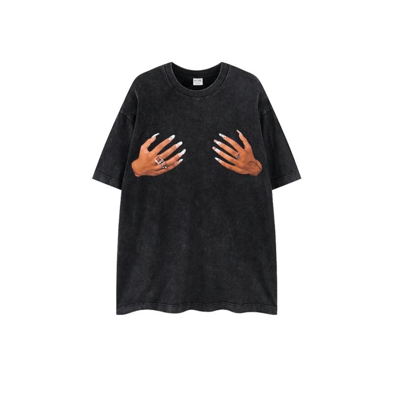 

European sizes Men s T-Shirt - Distressed Washed Black Streetwear Tee with Bold Hand Print, Round Neck Short Sleeve Casual Shirt for Casual Attire 5XL чорний