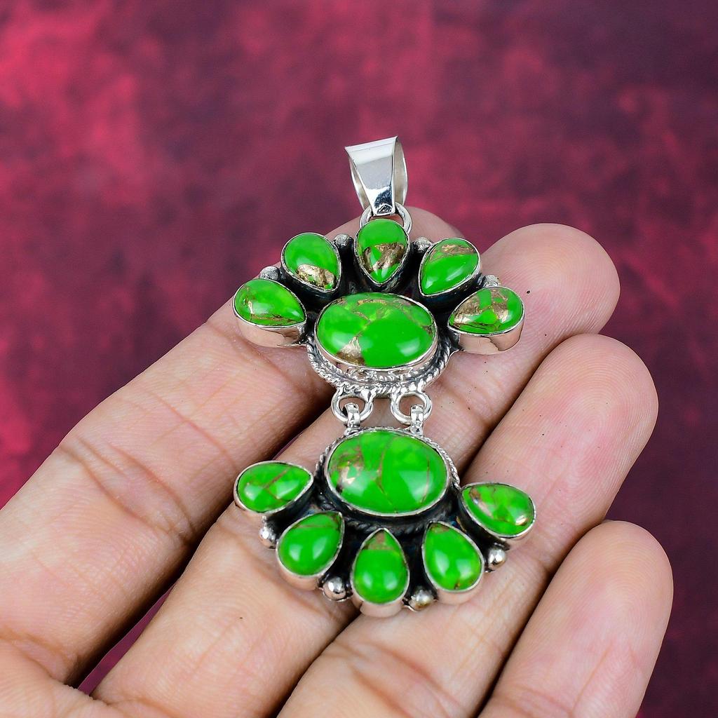 Green Copper Turquoise Handmade Gemstone Pendant, 925 Solid Sterling Silver Pendant Birthstone Jewelry, Love Forever Gift