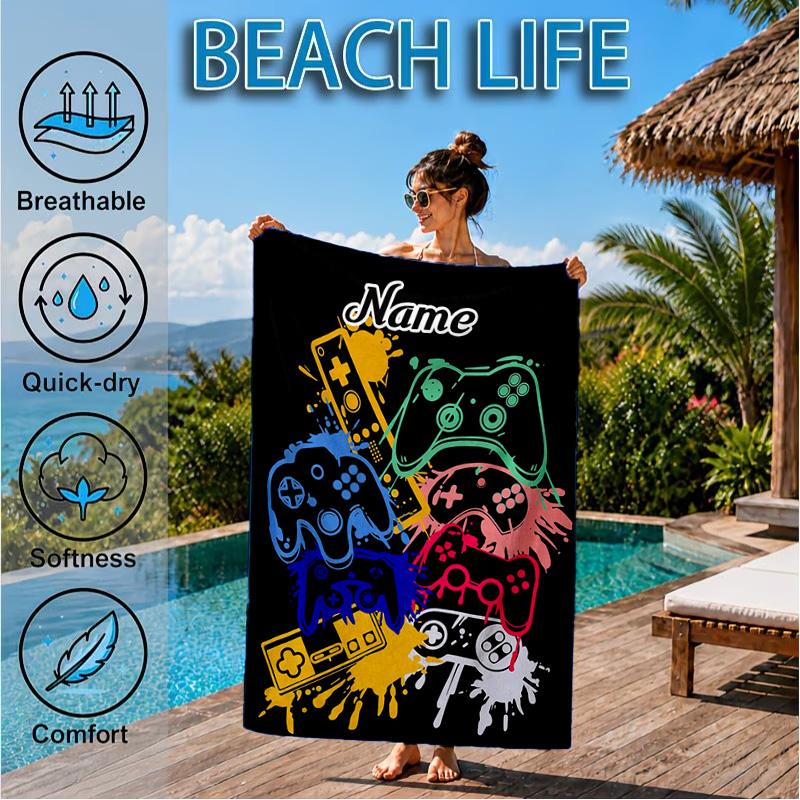 Custom Name Game controller Beach Towel Microfiber Beach Towel, Lightweight and Quick-Dry, for Summer Travel, Swimming Pool Gift