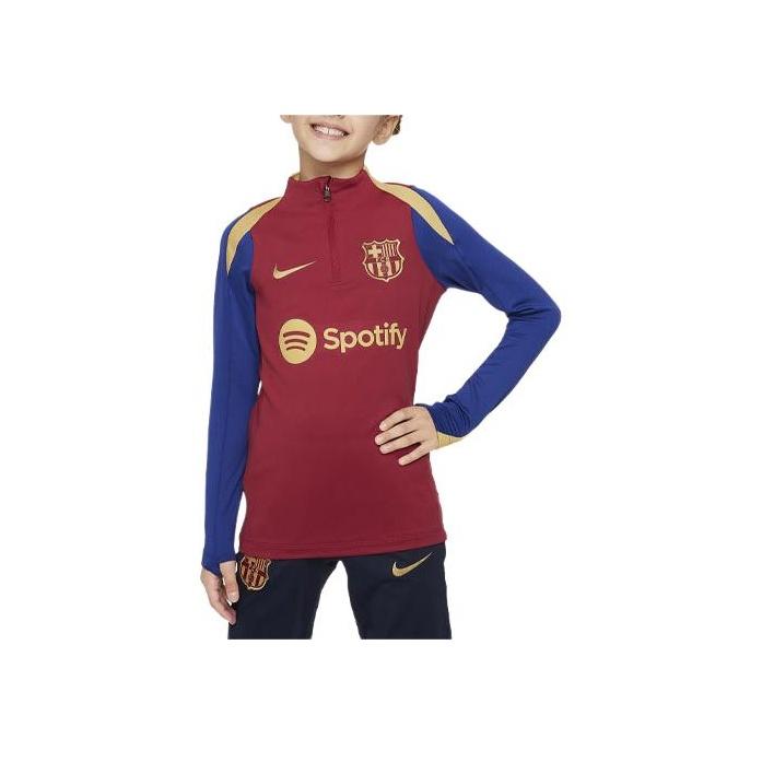 Nike F.C. Barcelona Strike Letter Print Color Block Football Training Long Sleeve T-Shirt Kids Tops Noble-Red FJ5534-621