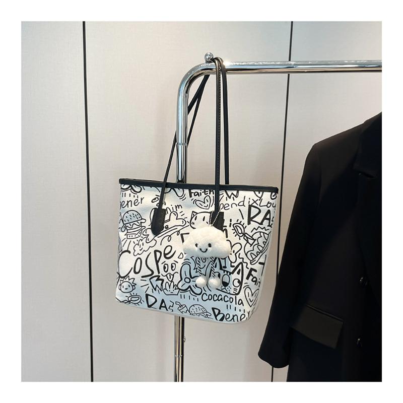 Chic 2026 Graffiti Print Faux Leather Tote Bag for Women, Spacious Casual Shoulder Handbag, Trendy Daily Commute Underarm Bag CLE