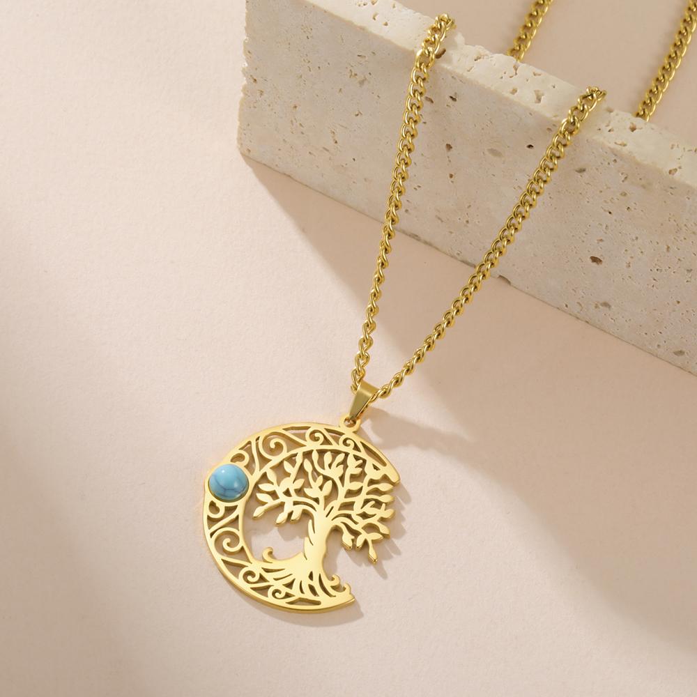 Dawapara Vintage Turquoise Crescent Moon Tree of Life Necklace Filigree Celtics Moon Wiccan Pendant Stainless Steel Jewelry
