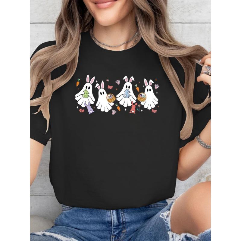 European sizes Women s Easter Bunny & Colorful Eggs Print T-Shirt - Cute Cartoon Rabbits with Carrots & Flowers Design S чёрный