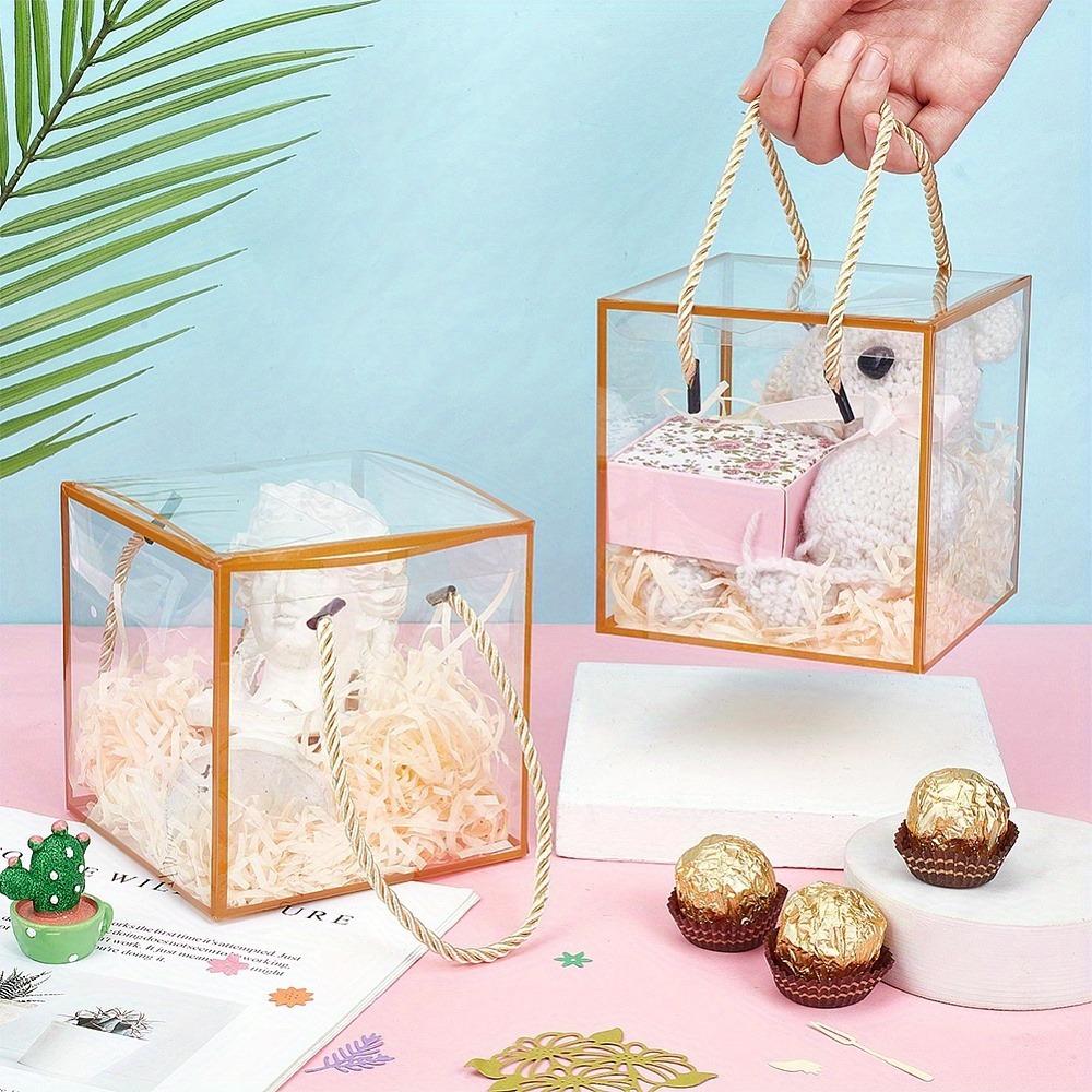 6pcs Golden Transparent PVC Gift Boxes with Polyester Cord Handles Clear Square Display Cases for Storage & Presentation