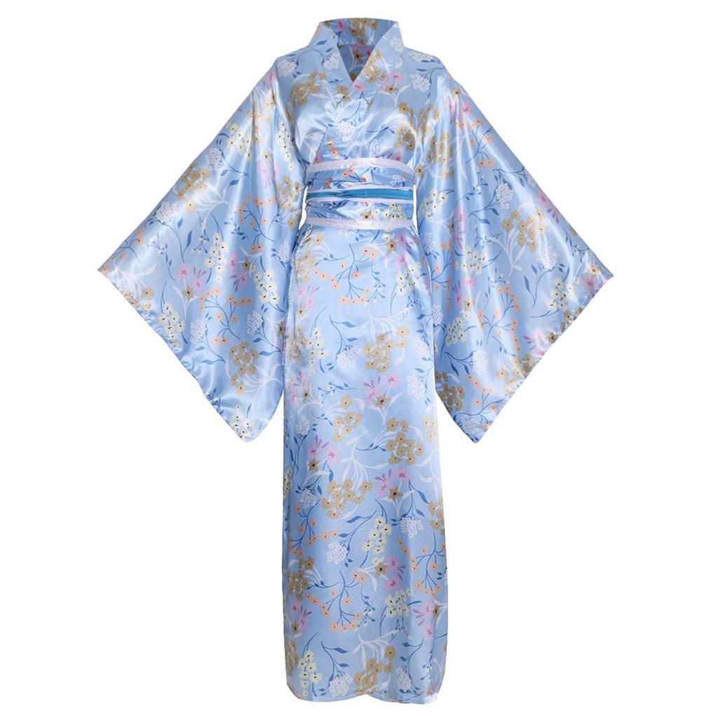 Costume Kimono Japonais Floral Geisha Yukata Long Peignoir Traditionnel Asiatique Déguisement Peignoir Pyjama Ceinture Tenue [HONGFU] (M, L10-Bleu)