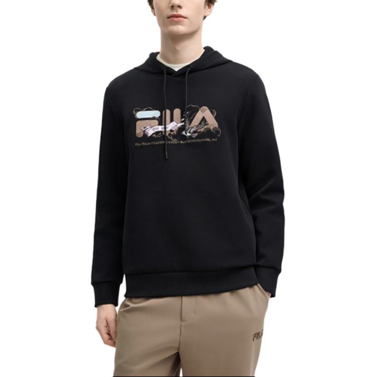FILA Heritage Series Letter Print Cloud Riding Knit Hoodie Men hoodies Black F11M518212F-BK