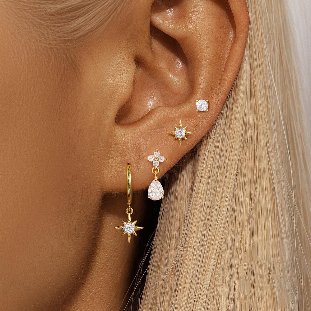 New Arrival Stainless Steel Crystal Zirconia Star Earrings Set For Women Girls Teens Temperament Stud Earrings Lady Jewelry Gift