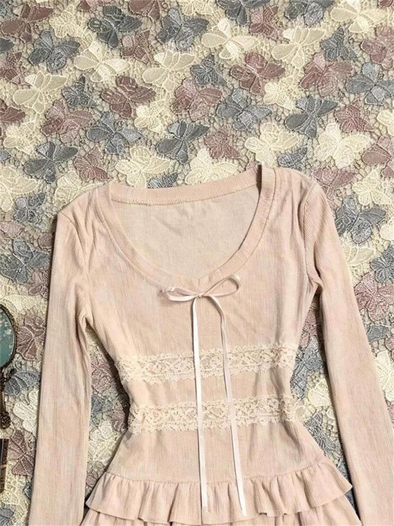 Guangzhou Ribbed Cashmere Lace Trim Long-Sleeve Top