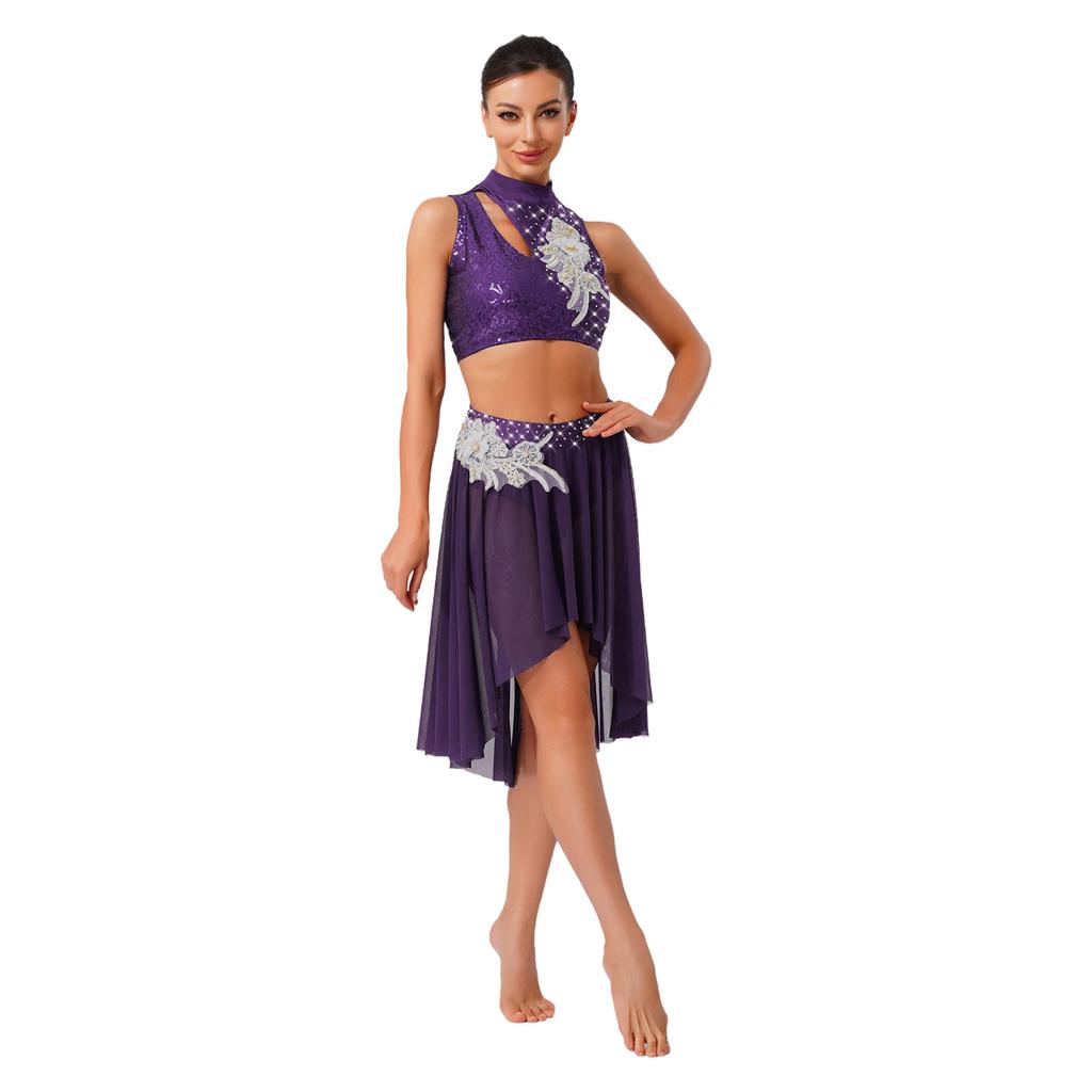 Womens Lyrical Dance Outfits Sleeveless Hollow Out Crop Top Irregular Mesh Hem Briefs Skirt Applique Dancewear Set