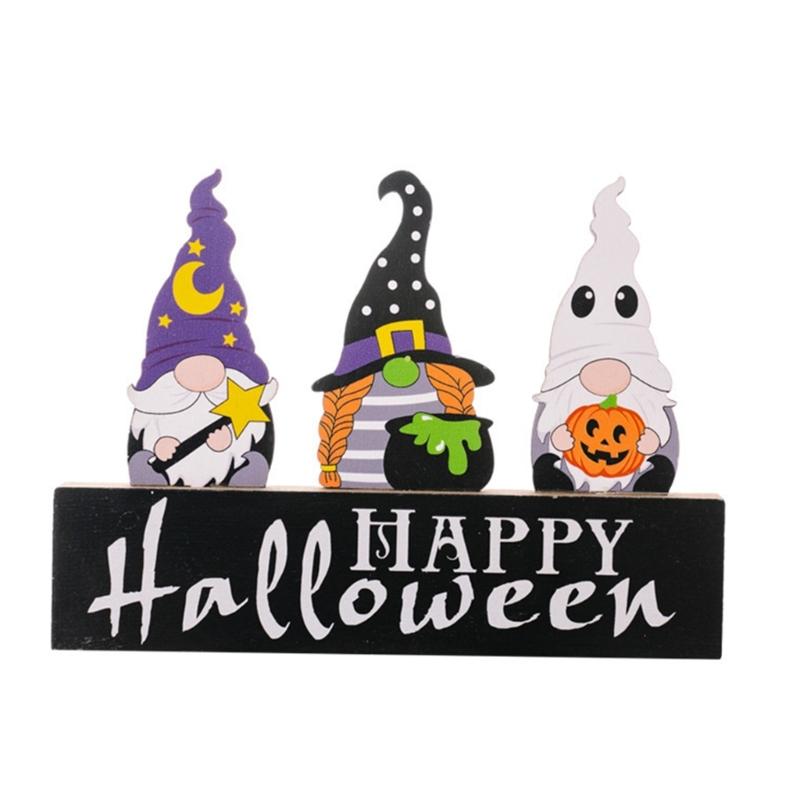 2Pcs Creative Halloween Gnomes Pumpkin Witch Figurines Wooden Block Table Sign For Festives Home Shelf Tiered Tray Decors