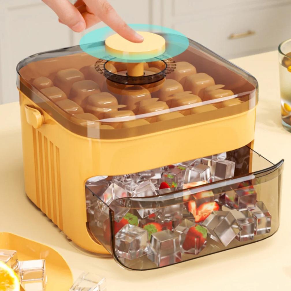 Kompaktowa taca na kostki lodu z podwójną warstwą, pokrywką i pojemnikiem, wysuwana szuflada na lód z przenośnym uchwytem, akcesoria kuchenne, gadżety