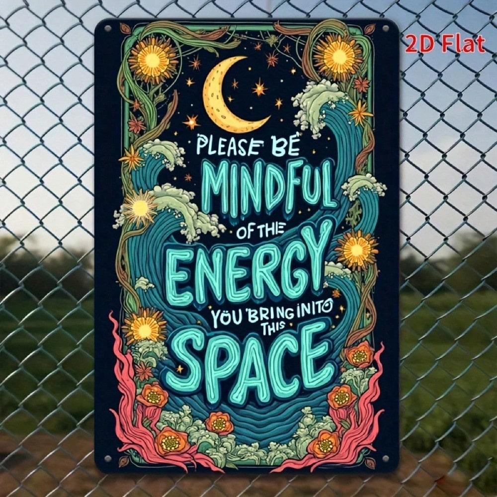 Vintage Tin Metal Sign Floral Starry Moon Mindful Energy Quote 8x12 Inch Wall Art