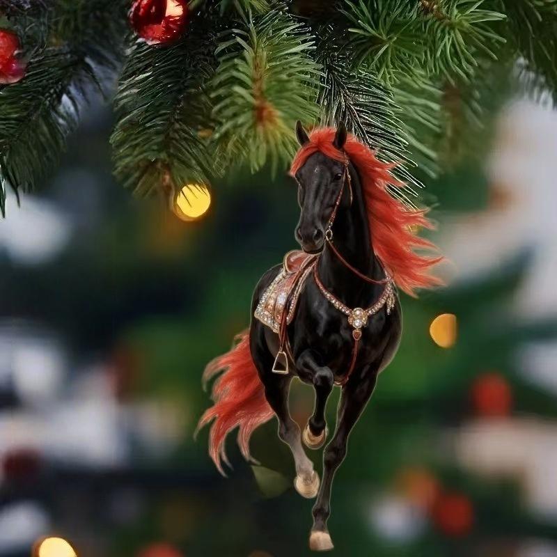 Exquisite 2D Acrylic Horse Car Rearview Mirror Pendant Backpack Charm Christmas Tree Ornament Party New Year Hanging Decoration