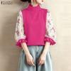 ZANZEA Women Stand Collar Floral Print Splice 3/4 Sleeve Blouse