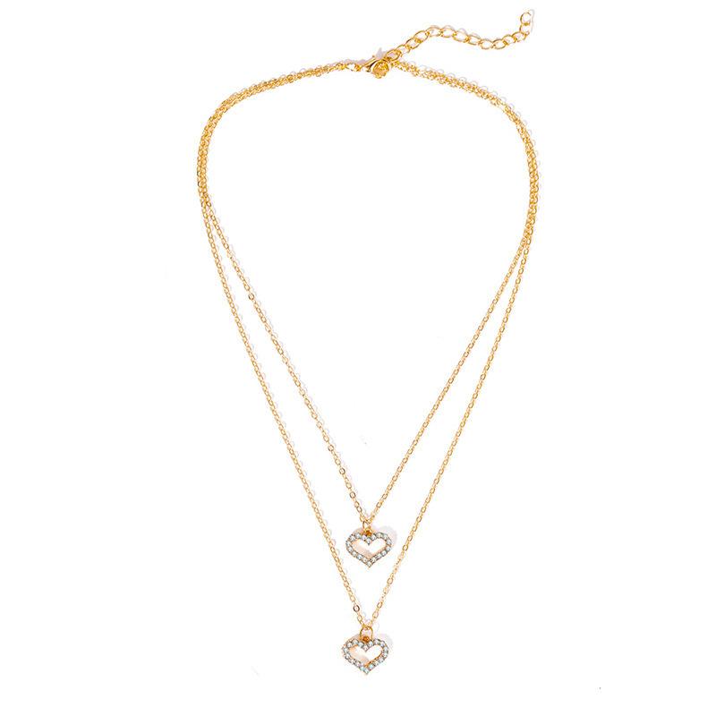 C137 New Simple Elegant Necklace for Women Gold Inlaid with Rhinestones Heart Double Layer Necklace