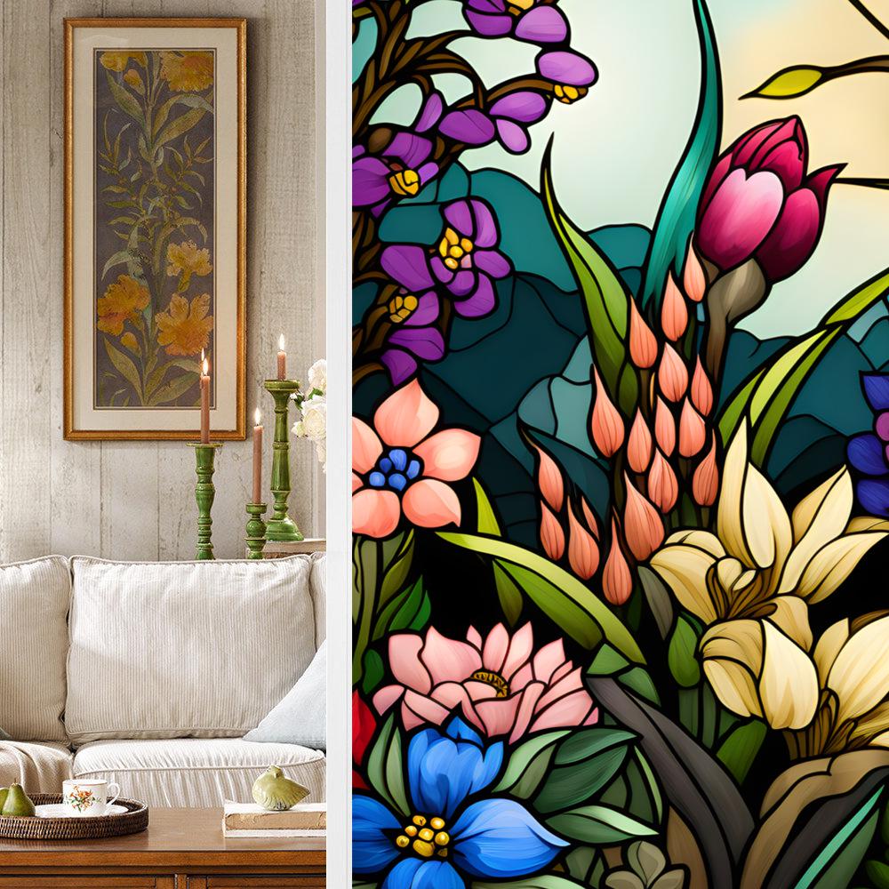 Colorful Retro Floral & Bird Static Cling Window Film - No Glue, Removable
