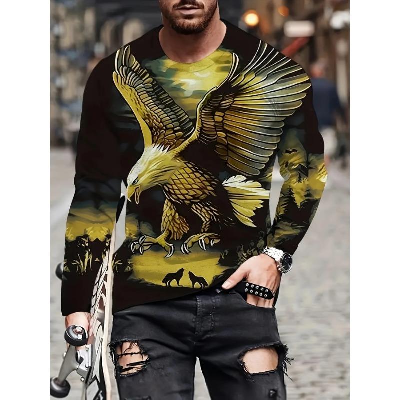 Spring and Autumn Round Neck Vintage Eagle Graphic 3D Printed Top Fashionable Casual Long Sleeved Men's T-shirts