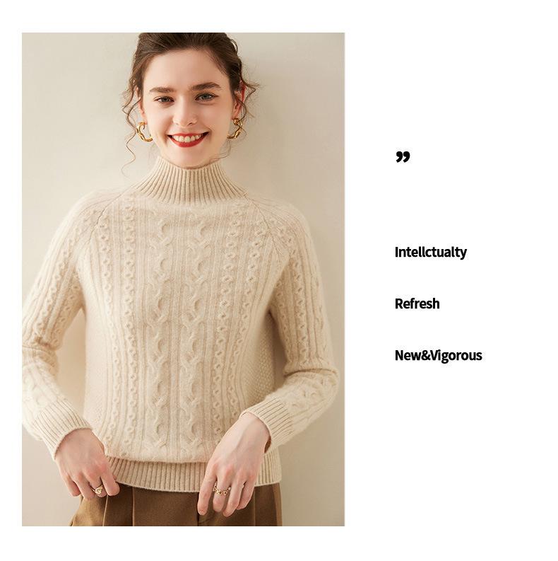 Damski sweter kaszmirowy z warkoczowym splotem - Półwysoki dekolt, Luźny krój, Obniżone ramię, Długi rękaw, Pogrubiony pulower
