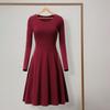 Spring Women Dress O Neck A-line Big Hem Long Sleeve Midi Dress Solid
