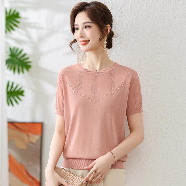 Mom's Summer Short-sleeved Knitted Jacket New Thin Ice Silk T-shirt for Middle-aged and Elderly Women with Foreign Style On Mother's Day