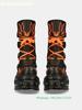 Retro Dark Style Punk Motorcycle Boots Flame Thick-Soled Boots Men/women Rock Boots Lace Up Belt Buckle Mid-Calf Boots