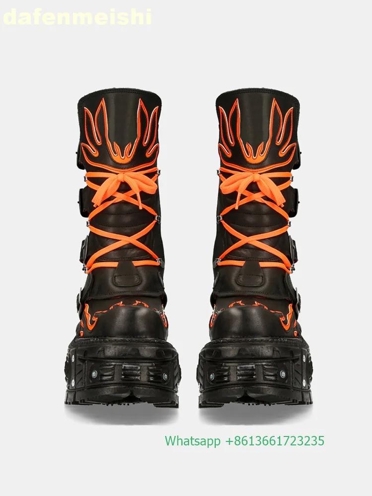 Retro Dark Style Punk Motorcycle Boots Flame Thick-Soled Boots Men/women Rock Boots Lace Up Belt Buckle Mid-Calf Boots