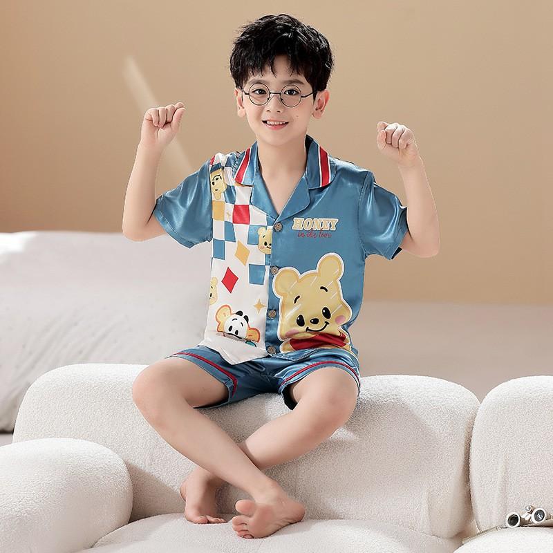 Boys Pajama Set Ice Silk Short Sleeve Cartoon Sleepwear Kids 8 Years Home Loungewear
