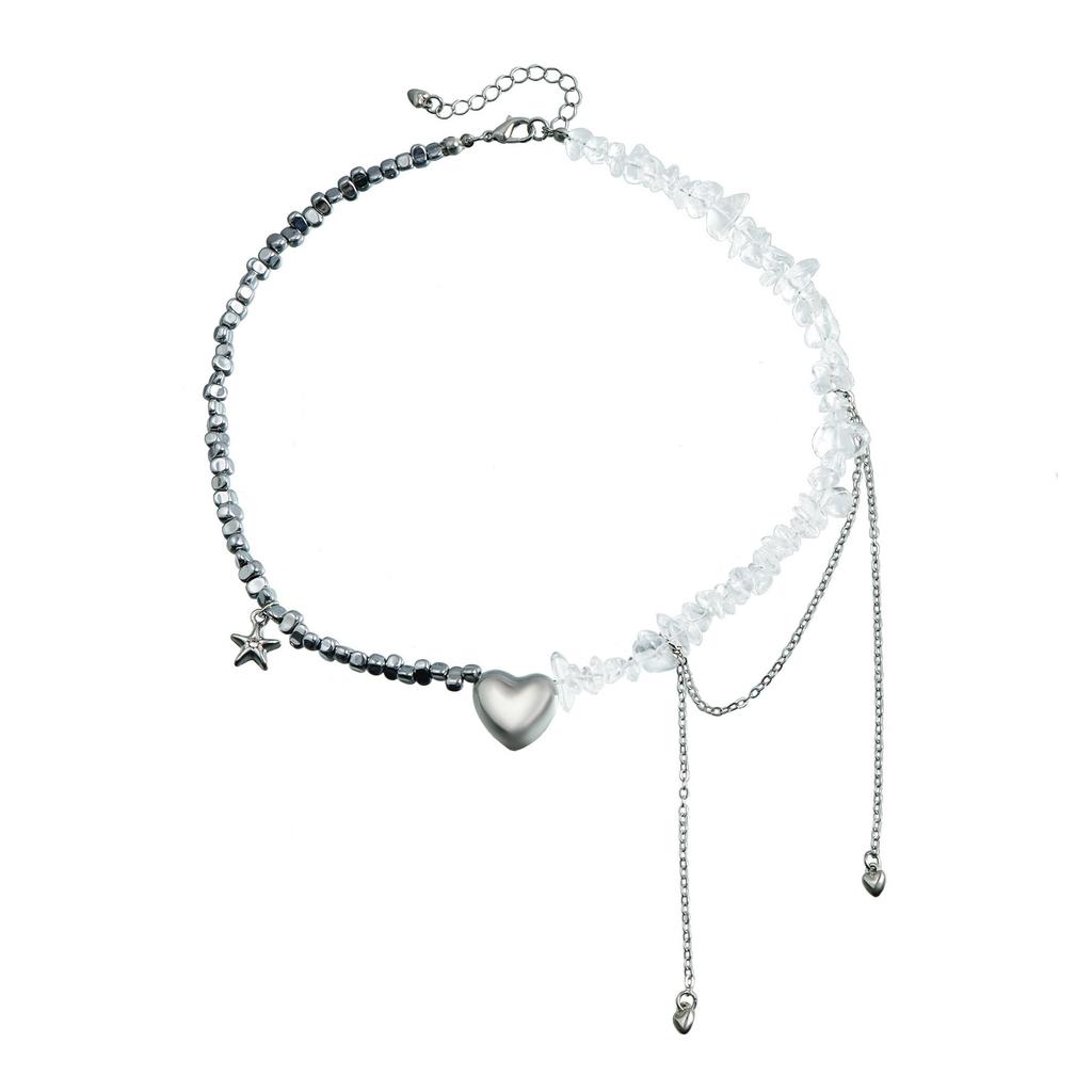 Fashionable Heart Pendant Necklace with Starfish Tassels Stylish Beaded Women Clavicle Chain Casual Outfit Accessory