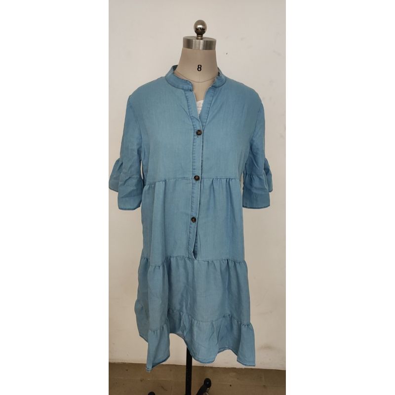 

2025 Summer Button Solid Washed Cotton Five-Point Lotus Leaf Sleeve A Word Mid-Length Denim Cake Jumpsuit Skirt DRESS Light Blue XL