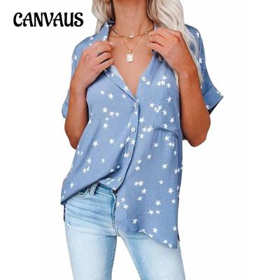 Summer Women's Plus Size Shirt Star Printed V-Neck Button Bat Sleeve Short Sleeve Top