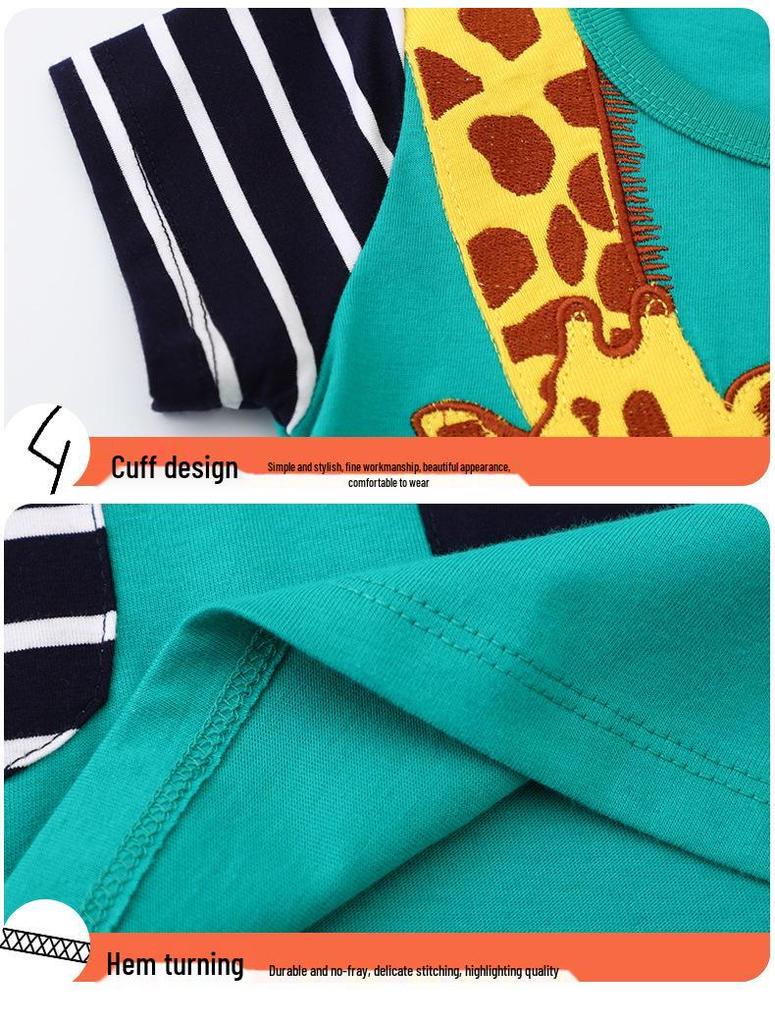 Letní áčkové šaty pro dívky s krátkým rukávem a dlouhým výstřihem s výšivkou žirafy