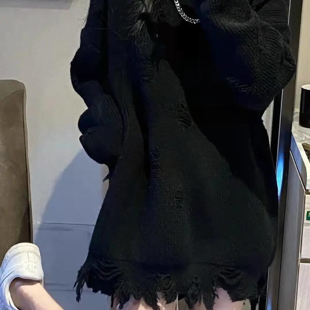 Damen Frühling und Herbst Einfarbiger Slouchy Style Lochbrechender Pullover Design Pullover Strickpullover