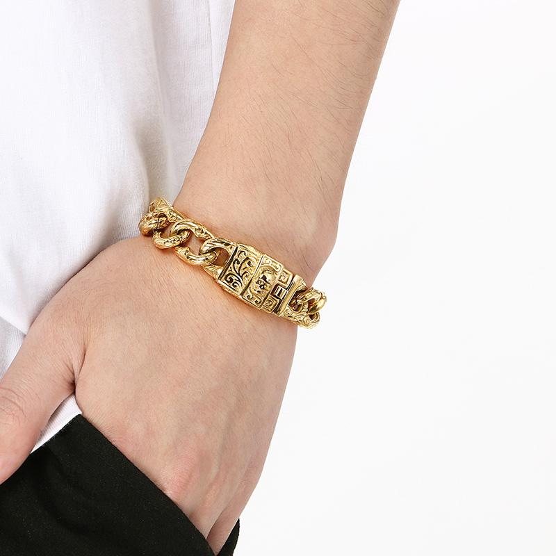 Retro Gold Color Skull Bracelet for Men High Quality Hip Hop Style Party Stainless Steel Jewelry Heavy Cuban Link Accessory
