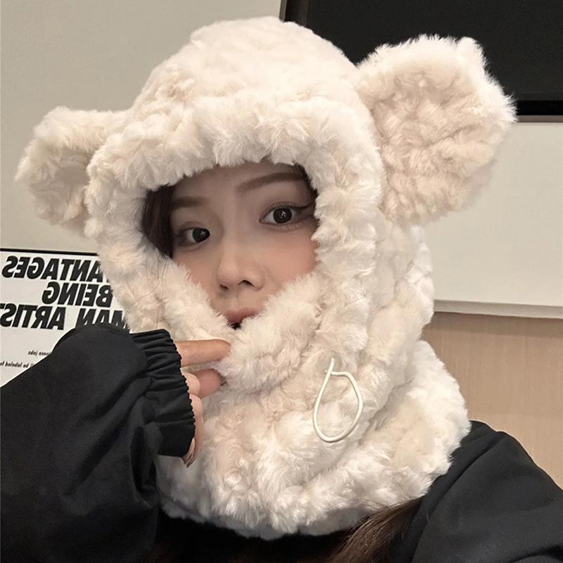 Cute Bear Plush Hat Women's Scarf Integrated Thickened Plush Cycling Cold Protection Ear Protection Korean Version Lei Feng Hat