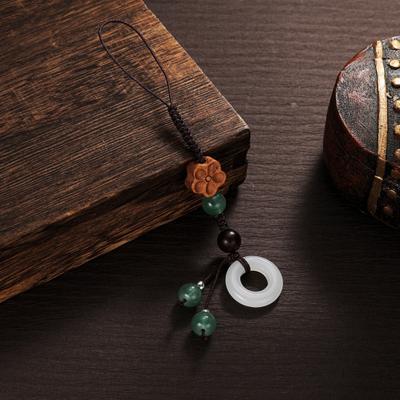 Flower Mobile Phone Charm Braided Cell Phone Strap with Wooden Flower Charm And Faux Jade Ring Chinese Style Phone Lanyard Pendant