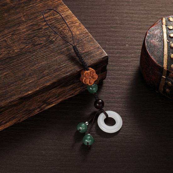 Flower Mobile Phone Charm Braided Cell Phone Strap with Wooden Flower Charm And Faux Jade Ring Chinese Style Phone Lanyard Pendant for Keychain Bag
