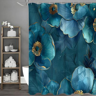 Blue Floral Plant Shower Curtain, Bathroom Decorative Shower Curtain, Waterproof Shower Curtain with Hooks