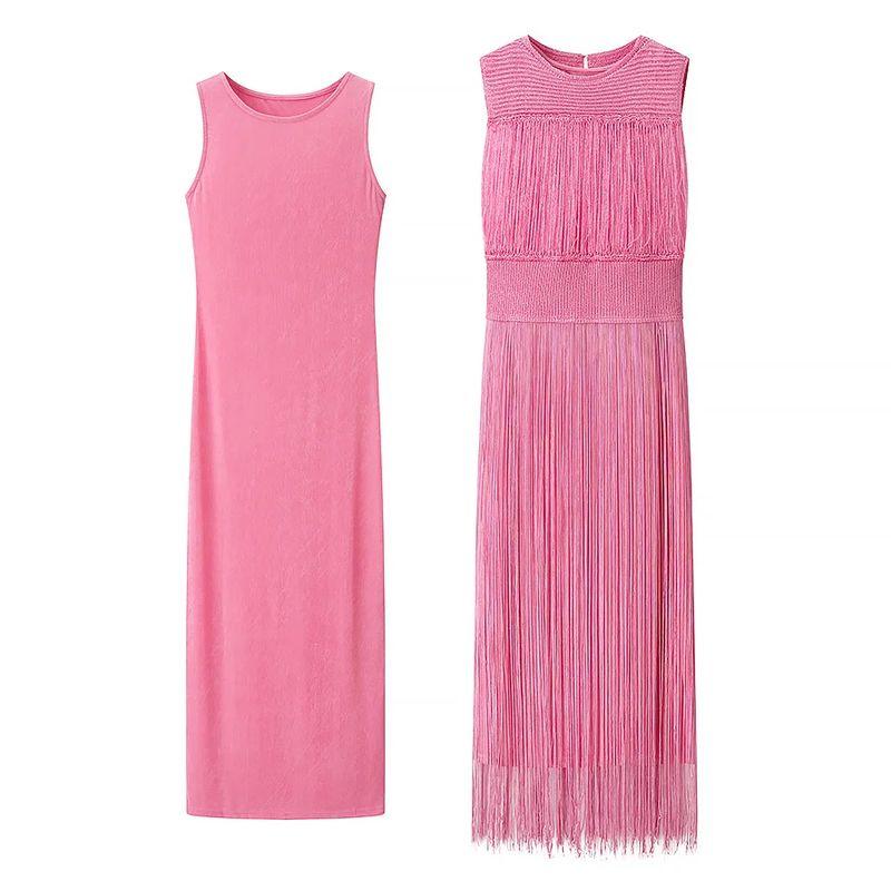 Summer New Product Women's Clothes Fashion Style round Neck Sleeveless Decorated Tassel Knitting Evening Dress Clothing Dress Two-piece Set