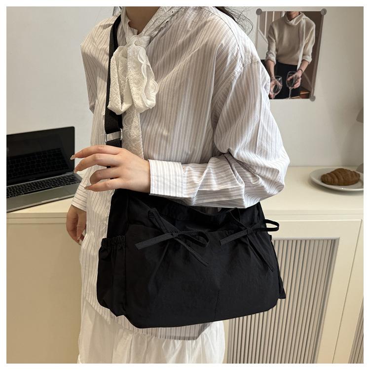 Pleated Bow Knot Tote Bag for Women Cotton Large Capacity Shoulder Crossbody Bag